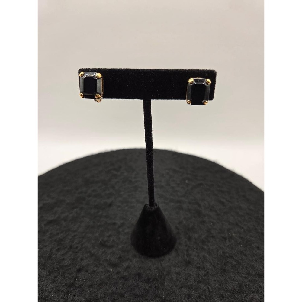 Vintage Signed Monet Black Enamel Clip On Gold Tone Earrings